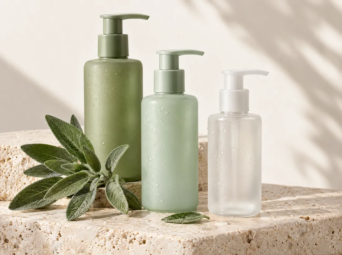 Unlabelled sage and mint refill bottles on travertine